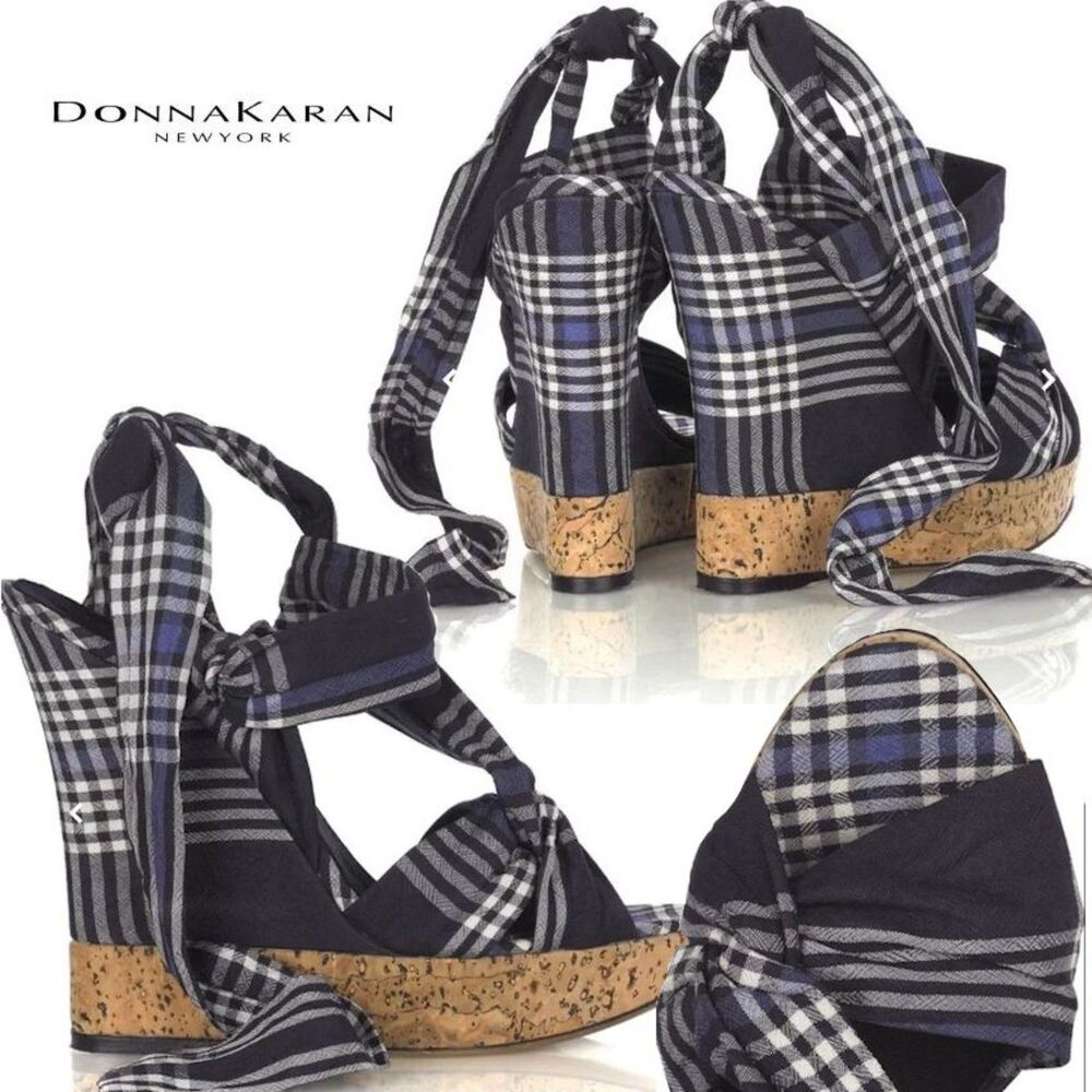 Donna Karan Cork Platform Sandal Madras Wedge Plaid Embossed Logo Designer 8.5 - Picture 12 of 12
